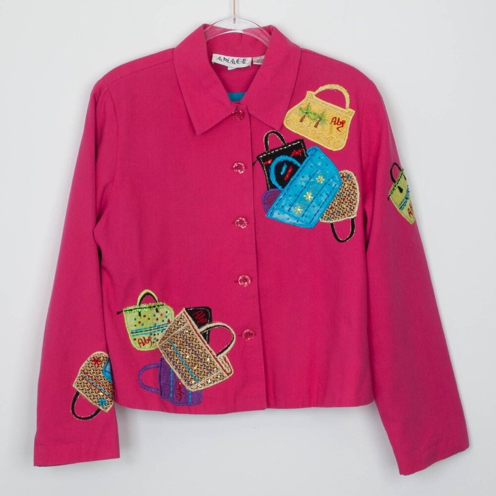 Vintage Anage Womens Purse Patchwork Button Front Jacket Size L Cotton Artsy‎